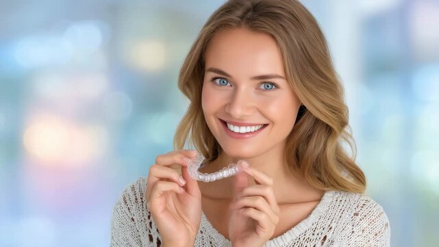 89Woman with flawless smile presenting transparent aligner device in hand, modern background with soft gradients highlighting oral hygiene and aesthetic dentistry