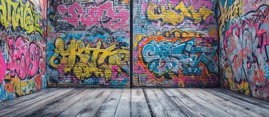 Graffiti-covered walls meet wooden floor, vibrant & urban aesthetic