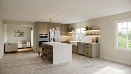 Modern kitchen interior with island and large window