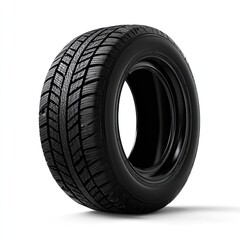 Black tire with detailed tread pattern, standing on white surface