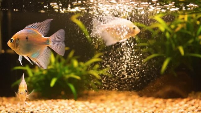 Three colorful fish swim gracefully through an aquarium filled with greenery and bubbles