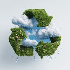 Grassy recycle symbol with clouds & water, against a light blue backdrop