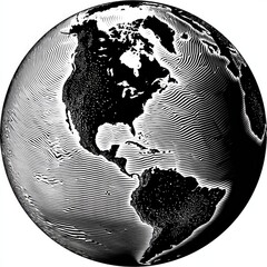 Globe artwork featuring North and South America, grayscale, with line patterns