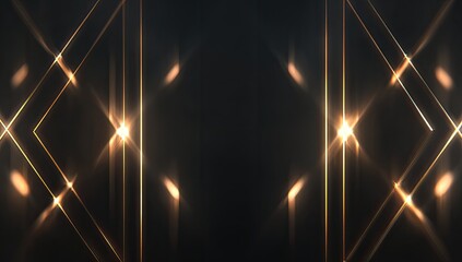 Golden geometric lines and light flares on a dark gradient background