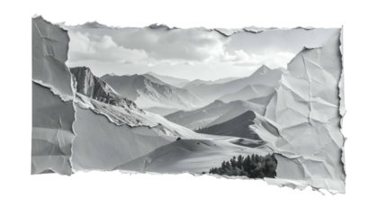 Black & white landscape view through torn paper, showcasing mountains