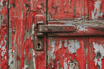 Close up of weathered red painted wooden door with rusty metal latch and keyhole peeling paint