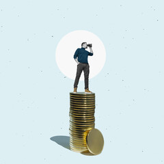 Art collage. businessman with binoculars standing on the stack of coins where to look. Business finance analytics and strategic. Find a way.