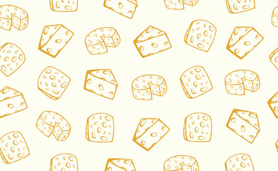 Hand drawn italian food pattern in doodle style. Cheese pieces in quirky crayon style. Italy ingredient, cheese chunk, mediterranean dinner element for pasta, menu. Minimal doodle sketch. Vector illus