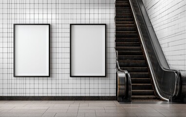 Subway scene blank framed posters on tiled wall next to escalator