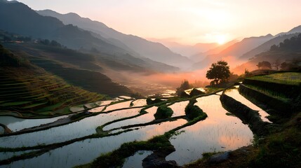 Golden Sunrise Over Lush Terraced Rice Fields in a Misty Mountain Valley.