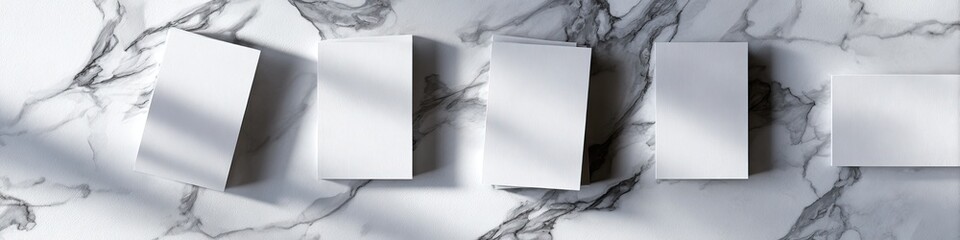 White cards on marble backdrop with light and shadow patterns, simple layout