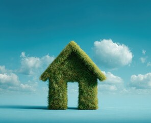 Grass house form against blue sky with scattered clouds, dreamlike