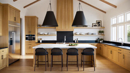 Modern kitchen interior with island and wooden cabinets