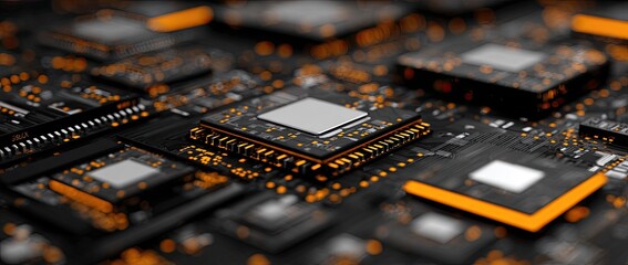 Circuit board with microchips, orange glow, depth of field, tech concept