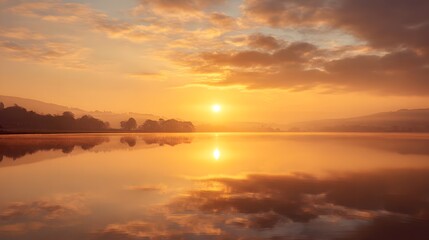 Fototapeta premium Golden Sunset Reflecting on Calm Water with Silhouetted Trees.