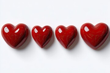 Four glossy red hearts aligned on a white surface, casting subtle shadows