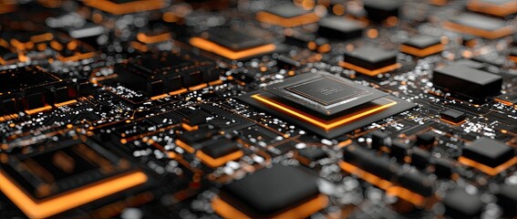 Detailed view of computer motherboard with glowing orange accents and dark components