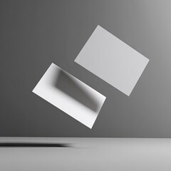 Two blank white business cards floating above surface