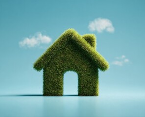 Grass-covered house cutout against a pastel blue sky with small clouds