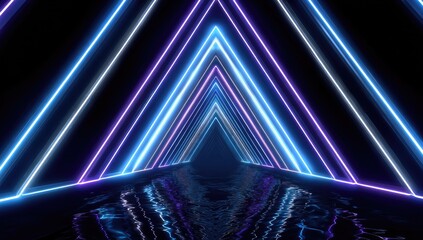 Neon triangle tunnel; perspective vanishing point with glossy floor