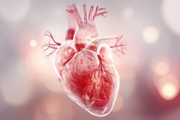 Translucent anatomical heart against a blurred, bokeh-filled, pink background