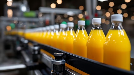 Bottles of Fresh Orange Juice on a Production Line in a Bright Factory Setting