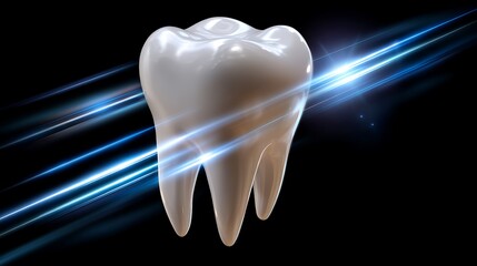 Realistic 3D Render of Glossy Tooth with Light Effects on Black Background