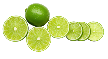 Top-down view of vibrant green whole, halved, and sliced dewy limes on a clean transparent background with copy space, showcasing juicy pulp and fine pores. Concept of culinary freshness and