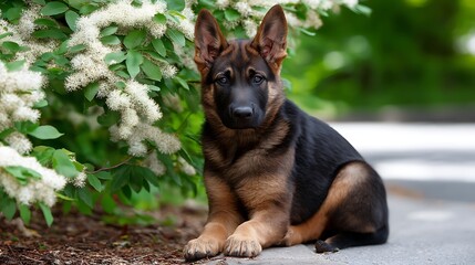Adorable German Shepherd Puppy Relaxing by Blooming Flowering Bush in Garden