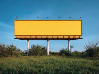 Empty yellow billboard against a blue sky with grass