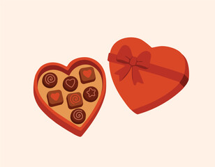 Gift chocolates. Vector illustration. Red box with candies. Happy Valentine's Day greeting. Vector print. Chocolate gift.