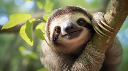 Fototapeta premium Curious three-toed sloth clinging to a sunlit branch amid lush green leaves, eyes softly peering toward the camera