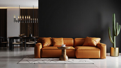 Modern living room with brown leather sofa and minimalist decor