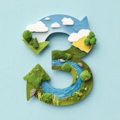 Nature-themed '3' with arrowed cycle, landscape, river on blue background