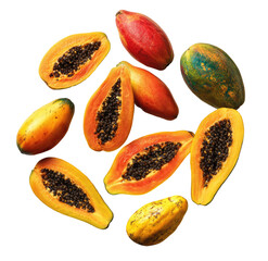 Fresh papaya halves, various colors, arranged in a circle against black background