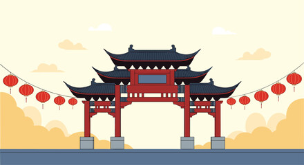 Grand traditional Chinese gate adorned with red hanging lanterns stands against a warm sunset sky for a cultural celebration scene.