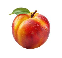 Close-up of a ripe peach with a vibrant red and yellow skin, dotted with water droplets.  A small green leaf rests atop the fruit