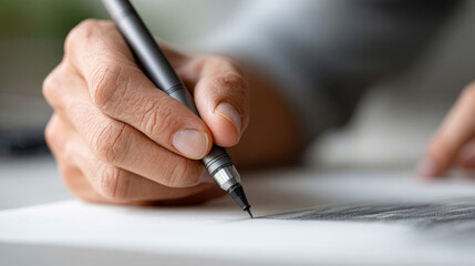 Close-up of hand holding pen and writing on paper with blurred background in natural light