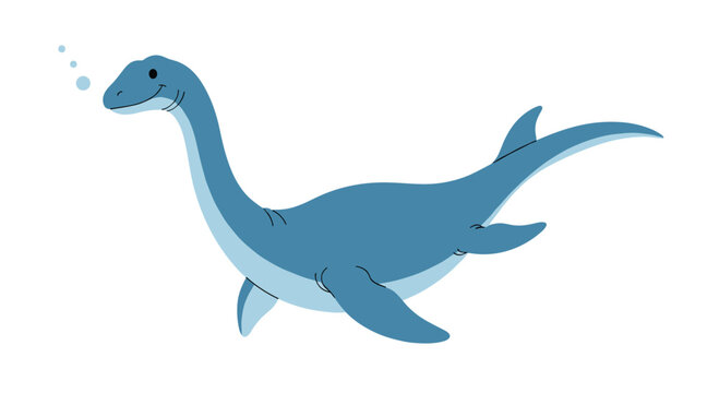 Friendly blue plesiosaur swims gracefully through the ocean water, making an ideal illustration for prehistoric sea life and dinosaurs.