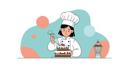 Professional young female chef in a white uniform and hat carefully decorates a multi-tiered chocolate cake with white frosting.