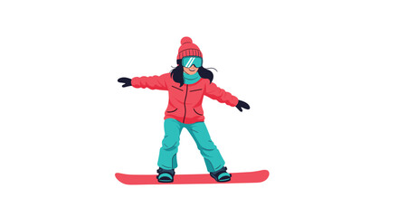 Fototapeta premium Young girl wearing a red winter jacket and blue goggles enjoys snowboarding down a snowy slope on a red board.