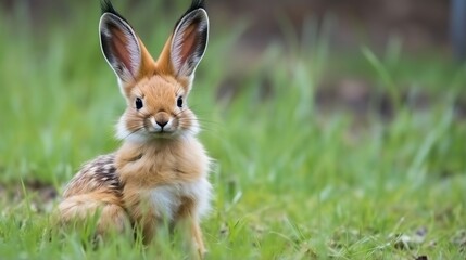 Curious young wild rabbit standing alert in a lush green meadow under bright daylight