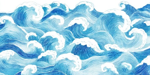 Stylized blue waves with white foam, dense, repetitive pattern, artistic