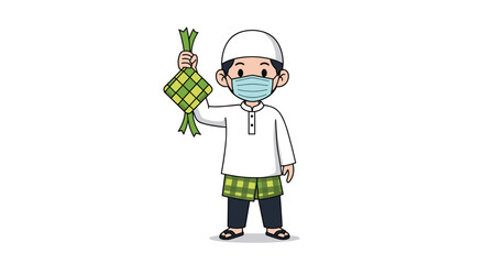 Young Muslim boy wearing a white cap and medical mask holds up a traditional ketupat rice cake during eid holiday.