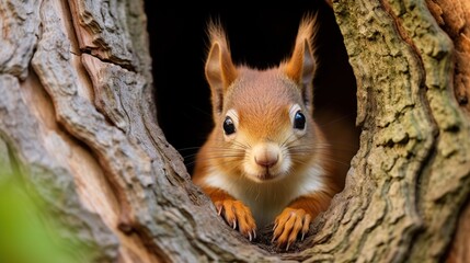 Curiously alert red squirrel peering eagerly from a hollow in rugged tree bark