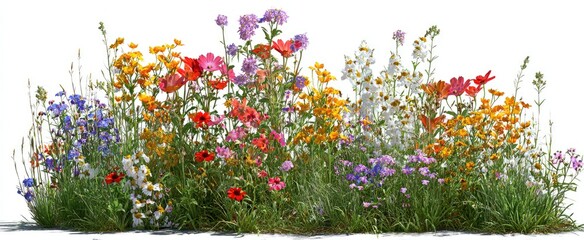 Vibrant wildflower meadow, various colors, blooms and leafy green stems