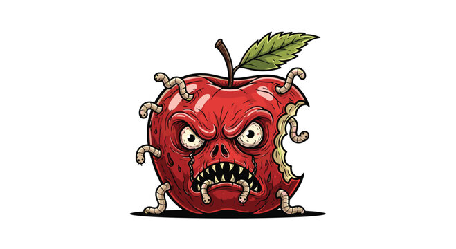 Scary zombie apple with sharp teeth and worms crawling out of its red skin creates a spooky halloween theme.