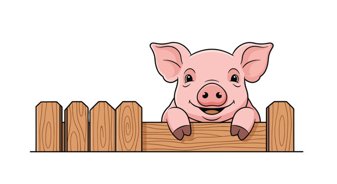 Happy little pink piglet rests its front legs on a wooden fence while smiling at the viewer on a farm.