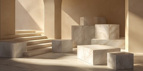 Interior with arches, stairs, and marble cubes bathed in warm sunlight