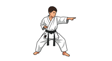 Young boy in a white martial arts uniform with a black belt performing a focused karate punch on a clean white background for sports.